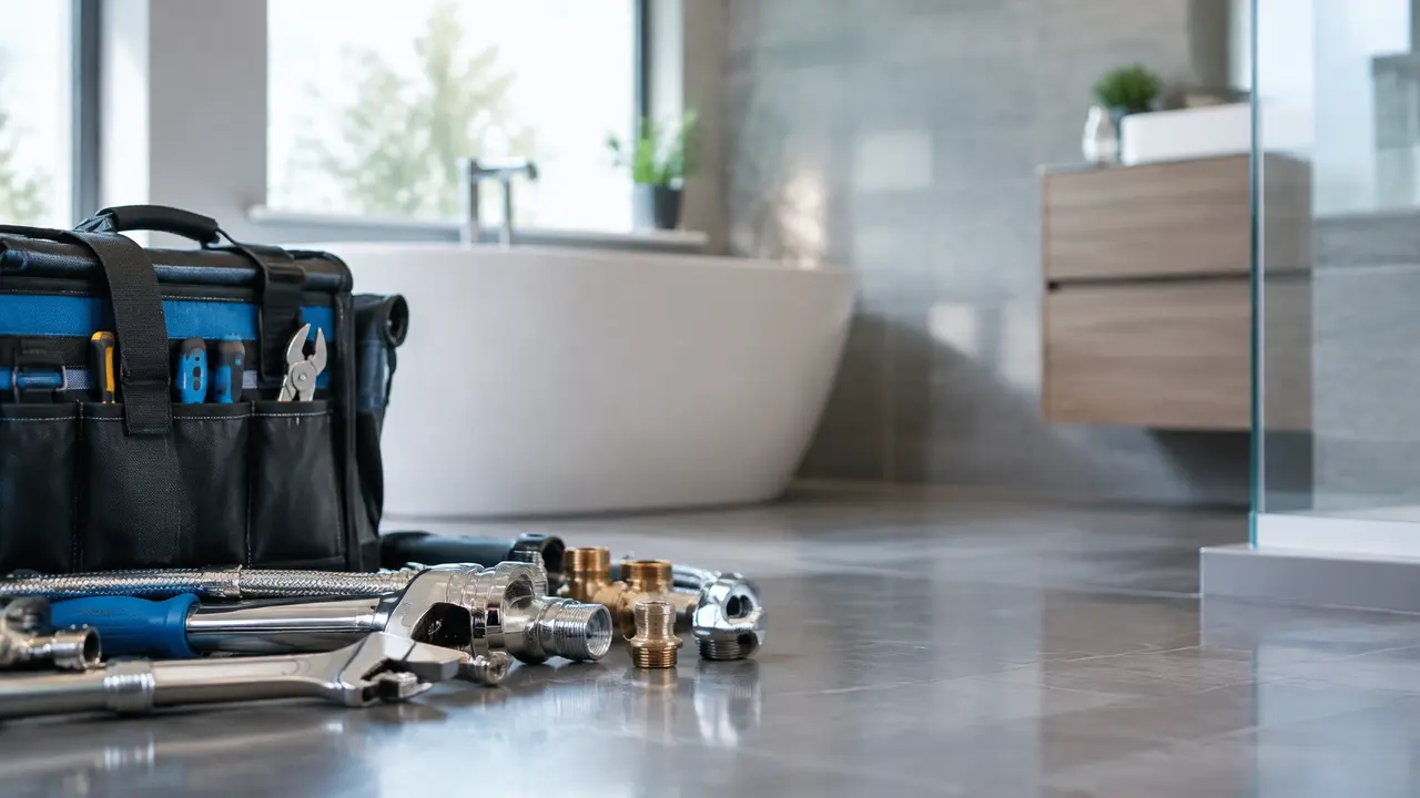 A professional tradesperson working beneath a kitchen sink